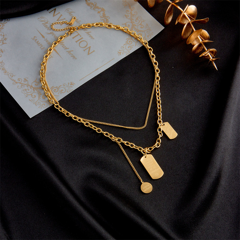 fashion simple titanium steel geometric square pendant muilt-layer necklace