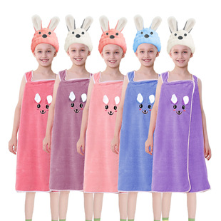 Children's Wearable Bunny Ears Bath Skirt for Girls Thickeneded Water-Absorbent Quick-Drying Soft Coral Velvet Plus Dry Hair Cap Set