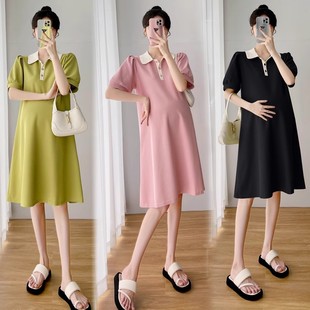 Maternity Wear Summer 2025 Contrasting Polp Collar Loose Slimming Look Short-Sleeved Mid-Length Summer Dress