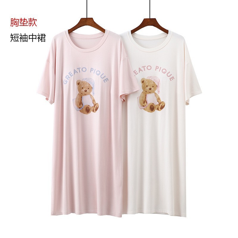 Summer Breast Pad Nightgown Women's Summer Modal Thin Printed Short-Sleeved Mid-Length Skirt Elastic Home Skirt Pajamas