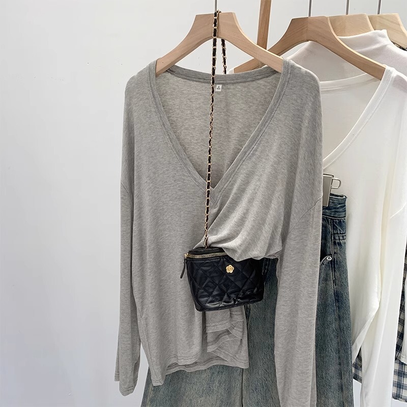 Lazy Style Thin Deep V-Neck Long-Sleeved Sunscreen T-Shirt Blouse Women's Summer Air-conditioning Shirt Loose Slimming Base Shirt Top