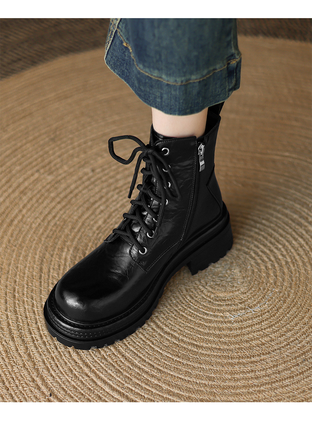 Boot Martin nữ gót dày buộc dây đế tăng chiều cao phong cách Maillard thu đông 2025 — Lớp lót nhung đen, Nhung nâu, Lớp lót đơn màu đen, Lớp lót đơn màu nâu chi tiết 12
