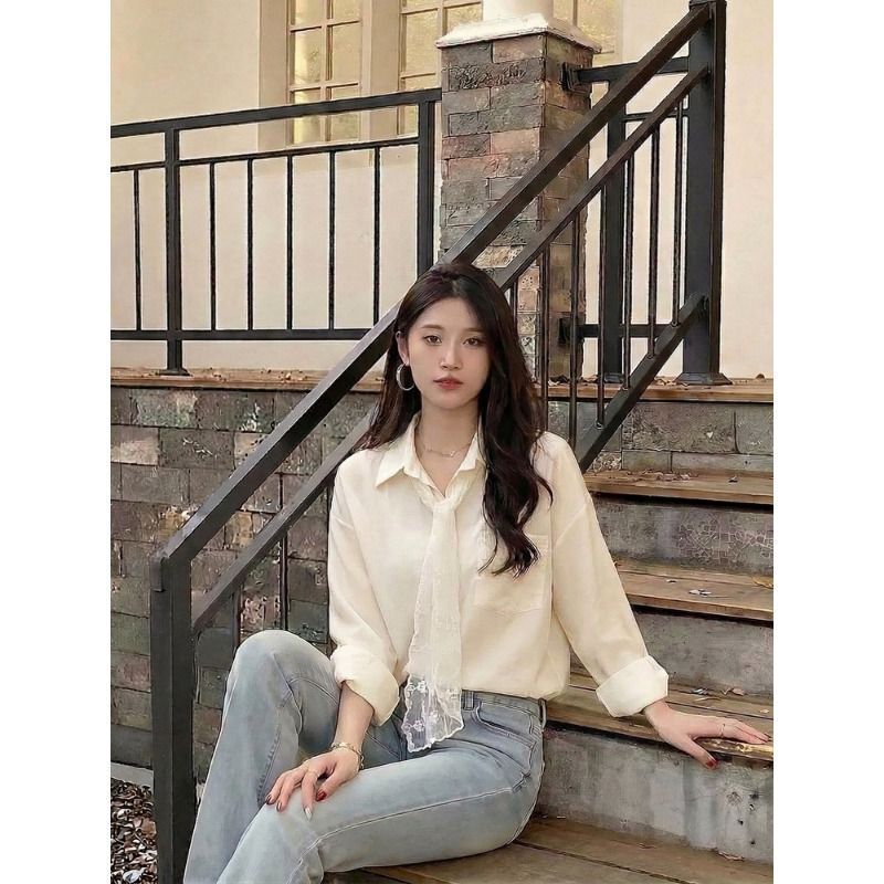 Lace Tie White Long-Sleeved Shirt for Women 2026 Spring and Autumn New Style Slimming and Elegant Polo Collar Sun Protection Shirt Top Lace Tie White Long-Sleeved Shirt for Women 2026 Spring and Autumn New Style Slimming and Elegant Polo Collar Sun Protection Shirt Top