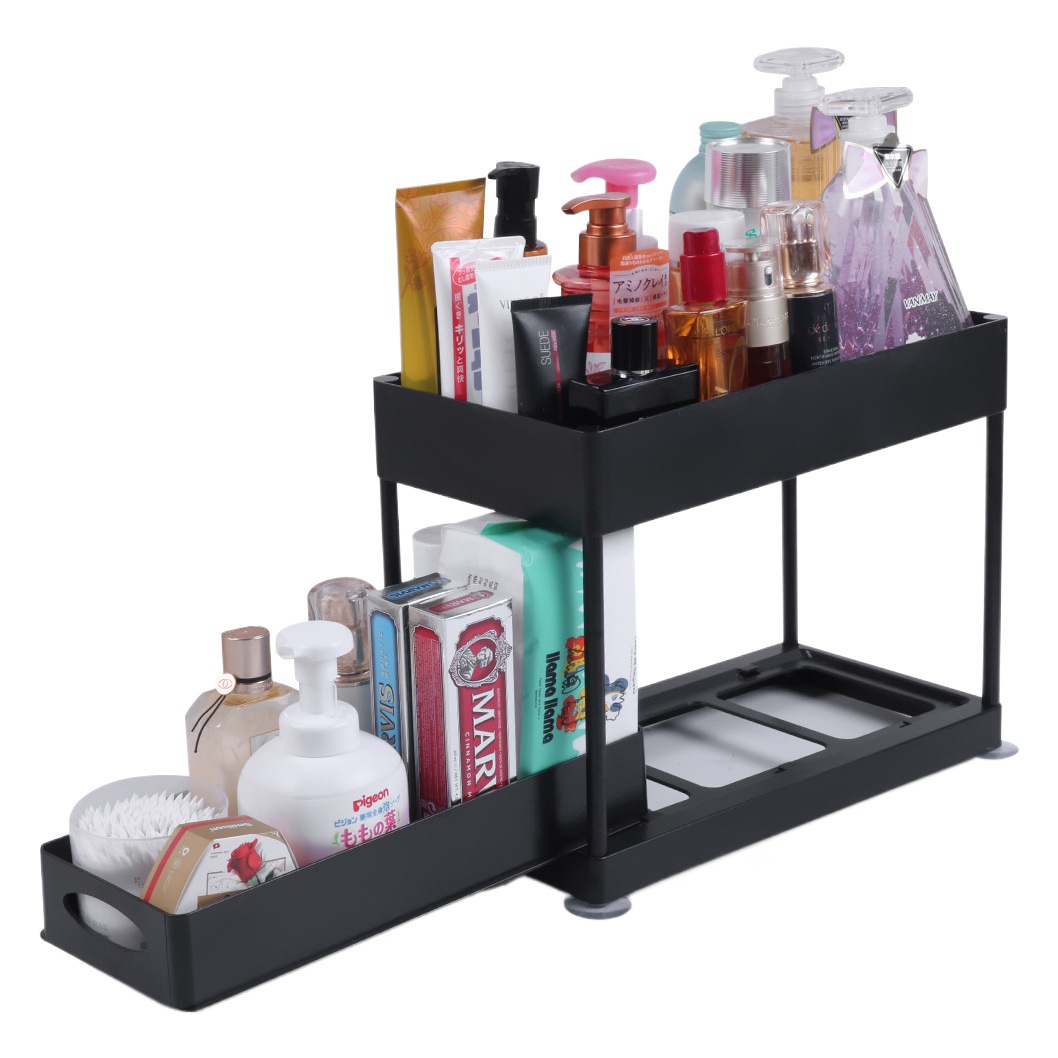 DIY push-pull gabinete estante de almacenamiento de doble capa de almacenamiento de gabinete de baño fregadero de cocina de plástico extraíble estante de almacenamiento