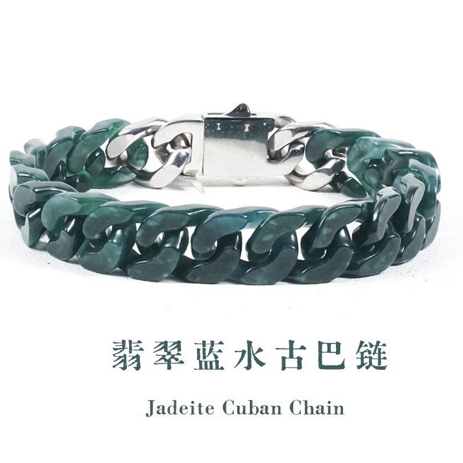 Natural A-Grade Ice-Type Blue Water Jade Cuban Chain Bracelet, Jade Stone Titanium Steel Hip-Hop Style, Personalized Trendy Jewelry for Men and Women Natural A-Grade Ice-Type Blue Water Jade Cuban Chain Bracelet, Jade Stone Titanium Steel Hip-Hop Style, Personalized Trendy Jewelry for Men and Women