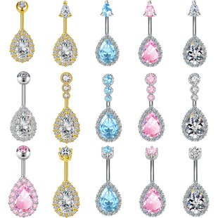 Amazon's New Product Micro-Encrusted Water Drop Zircon Navel Ring Zircon Navel Nail European and American Sexy Sexy Threaded Piercing Jewelry