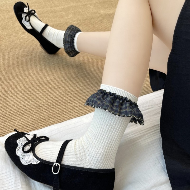 秋冬双针花边袜子女配饰袜芭蕾风藏青格子中筒袜甜美少女堆堆袜子|undefined