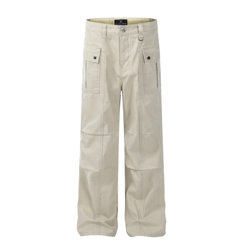 F9028 American Retro Style Unisex Trendy High-End Multi-Pocket Pleated Design Men's Loose Straight-Leg Jeans