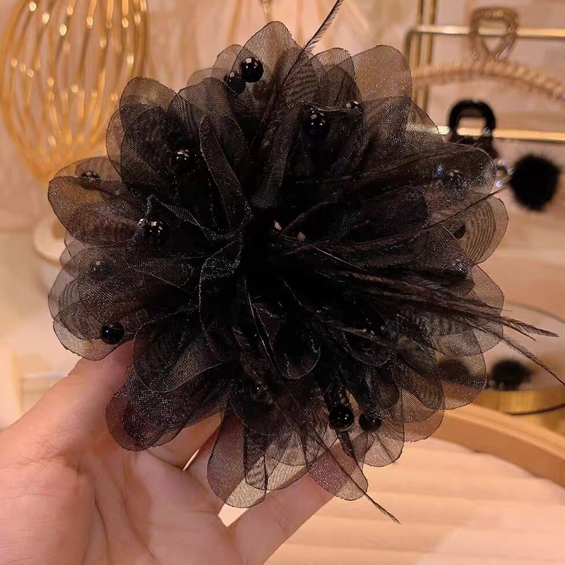高级感ブラックフェザーヘアクリップ女性后头部ダチョウ毛スナップクリップ秋冬大サイズサメクリップティアラ|undefined