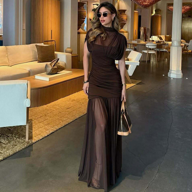 Amazon Cross-Border Best-Selling New Sexy Lady Style Waist-Cinching Close-Fitting Mesh Hip-Covering Long Dress for Women