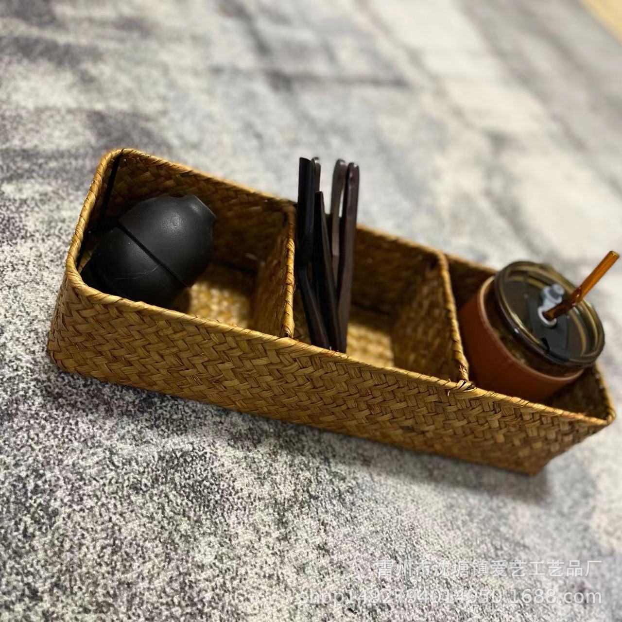 Cesta de almacenamiento tejida de hierba marina natural para sala de estar, caja de almacenamiento tejida sin ratán para artículos diversos, juegos de té y pequeños accesorios, multifuncional. image 3