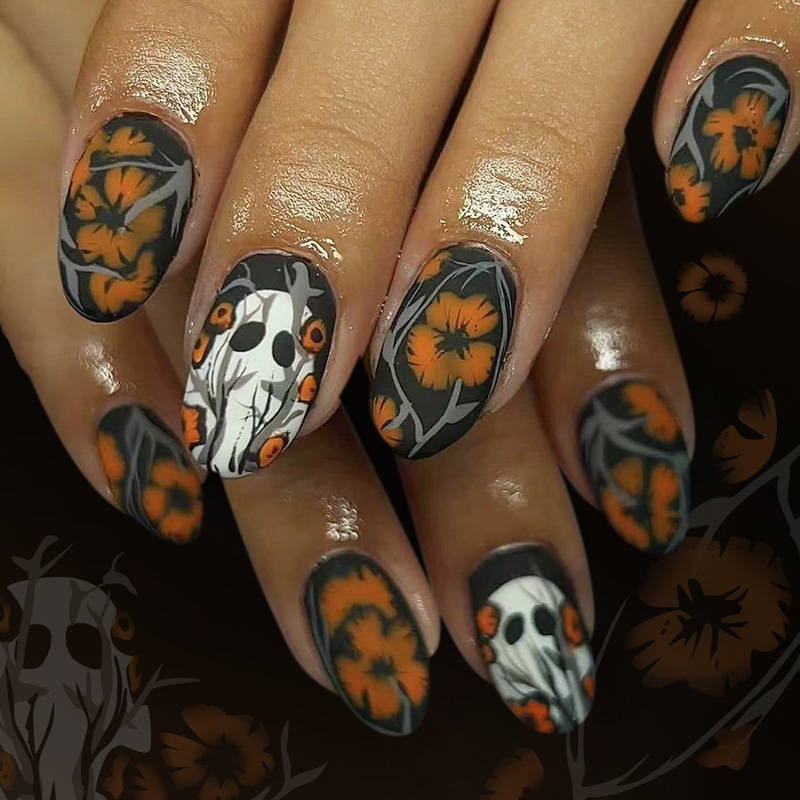 Short Frosted Oval Nails 2025 New Halloween Manicure White Ghost Orange Brown Plum Blossom Wearable Nails 24 Pieces Short Frosted Oval Nails 2025 New Halloween Manicure White Ghost Orange Brown Plum Blossom Wearable Nails 24 Pieces
