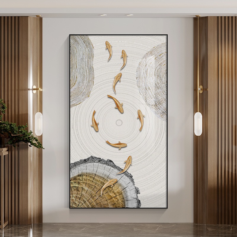 New Chinese-style Nine Fish Picture Porch Decorative Painting Home Living Room Corridor Aisle Background Wall Vertical Light Luxury Moral Hanging Painting