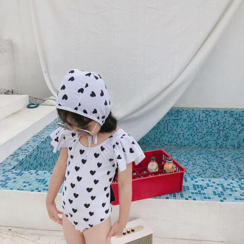 2025 New Korean Girls' Swimwear Children's One-piece Swim Suit with Bowknot Black and White Heart Lotus Sleeve Swimsuit