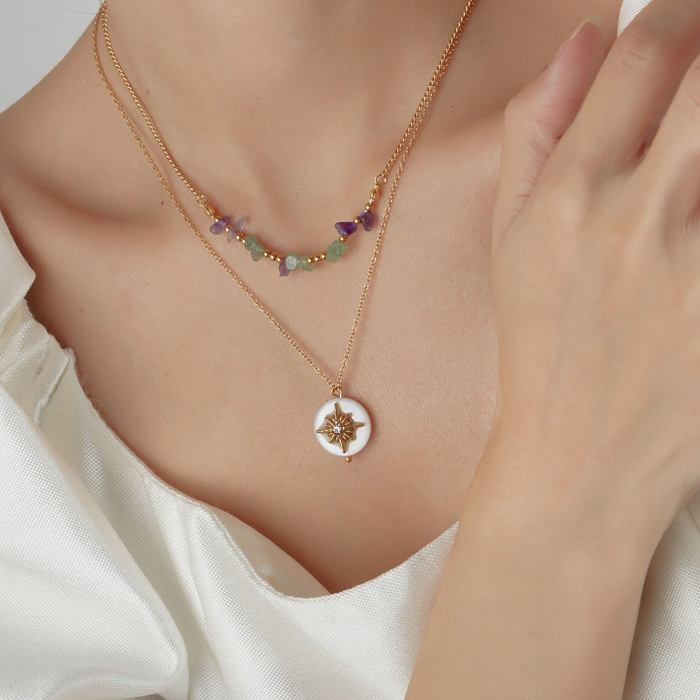 European and American Double Layered Natural Stone Necklace with High Grade Feeling Beimu Octagonal Star Pendant Stainless Steel Necklace for Women_voghion.com