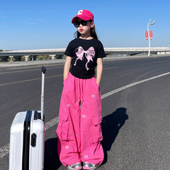 女童復古蝴蝶結刺繡系帶工裝闊腿褲2024春夏新款中大童休閒長褲子