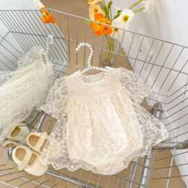 ins夏季婴儿连体衣短袖网纱包屁衣甜美公主绣花哈衣裙百日宴爬服