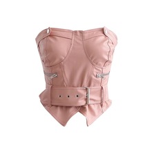 欧美后背拉链束腰系带腰封裹胸背心性感修身抹胸上衣设计感辣妹