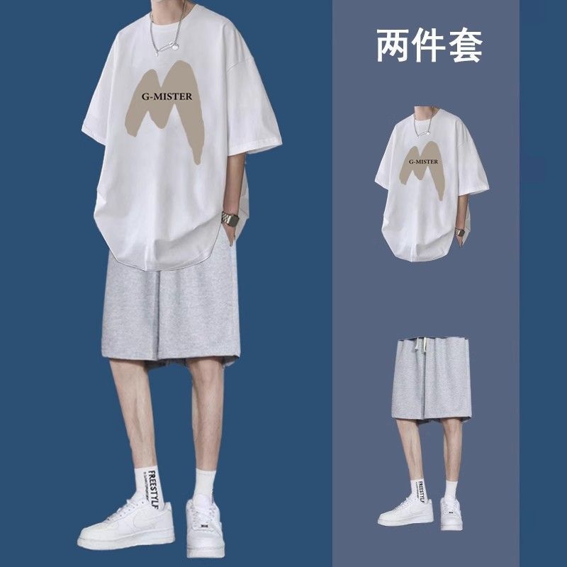 (2개) 여름 반팔 티셔츠 느슨한 유행 학생 캐주얼 소년 스포츠 반바지와 함께 멋진 착용 세트 세트