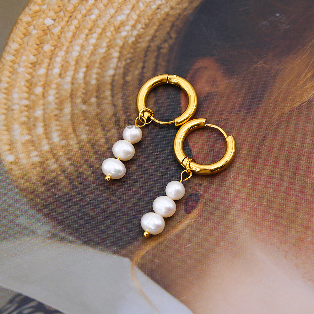 Fashion Round Stainless Steel Pearl Drop Earrings 1 Pair