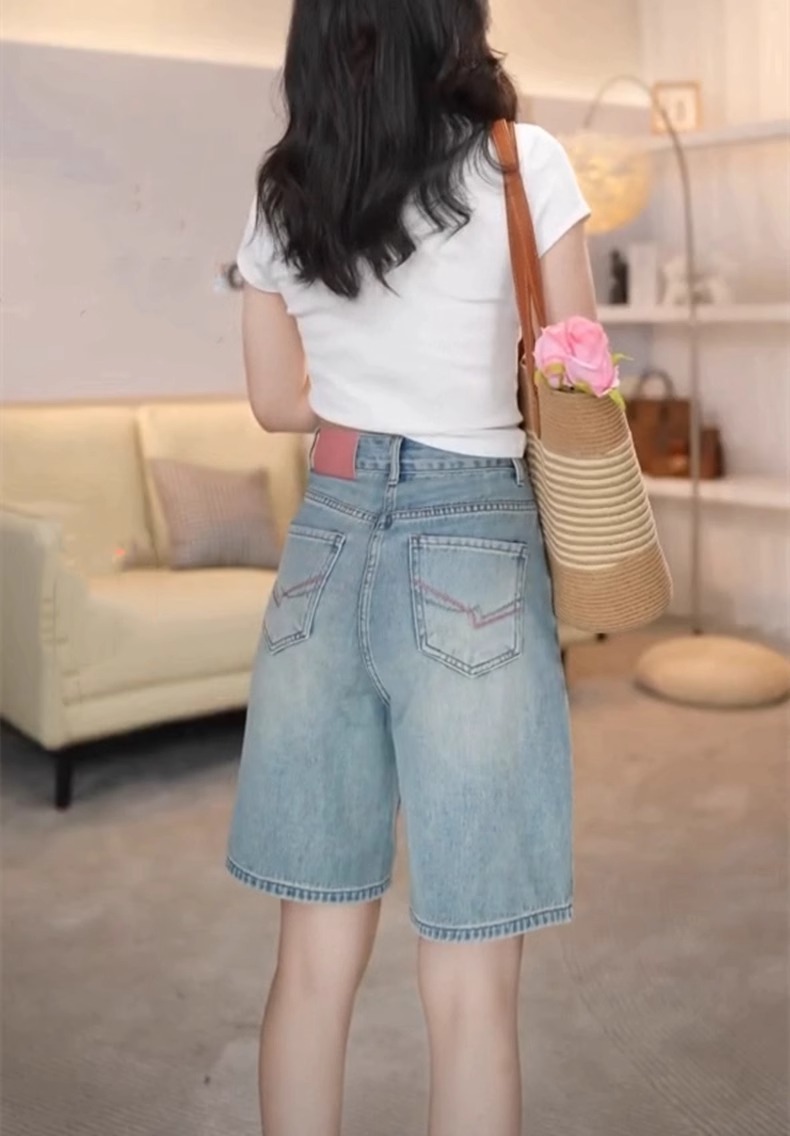 Quần short denim retro nữ lưng cao, phong cách mùa hè, mỏng nhẹ cho người dáng nhỏ — Màu xanh lam nhạt chi tiết 1