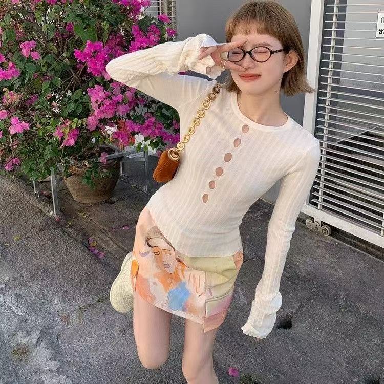 韩系chic别致破洞镂空长袖针织衫女早春季设计感气质独特修身上衣|undefined