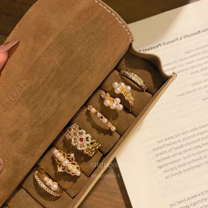 「Golden Yarn Bead Curtain Drunk」Light and Luxurious Pearl and Diamond Exquisite and Understated Open Ring Niche Gentle Elegant Ring