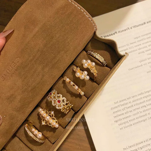 「Golden Yarn Bead Curtain Drunk」Light and Luxurious Pearl and Diamond Exquisite and Understated Open Ring Niche Gentle Elegant Ring