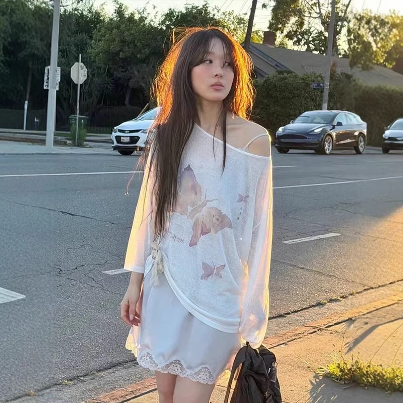 Fletta Korean Designer 26 New Butterfly Print Off-Shoulder Long-Sleeved T-Shirt Women's Thin Loose Sun Protection Cover-Up