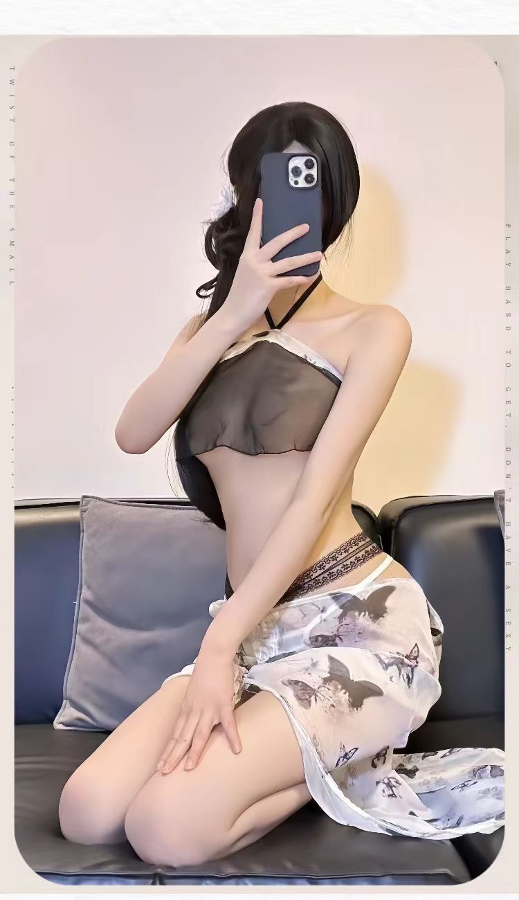 Sexy Cheongsam-Style Lingerie Dress with Butterfly Stockings, Sheer Roleplay Set — detail image 5
