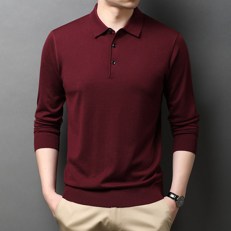 Suéter de lana para hombre 2025 Primavera y otoño Camiseta fina de manga larga para personas jóvenes y de mediana edad Suéter tipo polo de color puro con solapa de 6 lanas para hombres