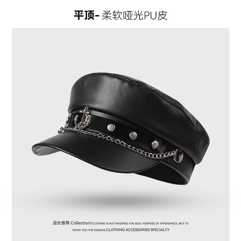 亚文化链条船锚黑色哑光海军风贝雷帽个性潮牌复古PU皮平顶报童帽|undefined