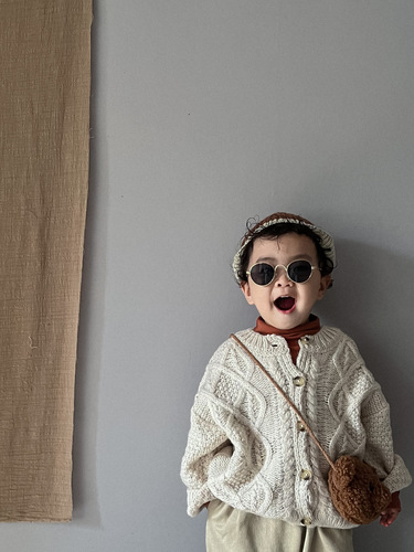 Spring new style literary and simple air-conditioned jacket for small and medium-sized children, loose long-sleeved mohair cardigan, sun protection, Korean style children's clothing