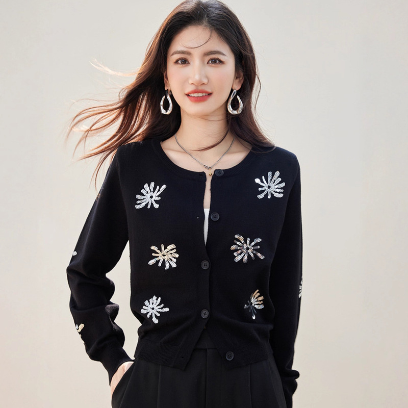 R5185 Age-Reducing Girl's Informal Preppy Style Korean Style Contrasting Sequin Embroider Knitted Cardigan Sweater Autumn