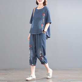 水洗薄牛仔套装女2026夏新款韩版宽松拼接印花复古遮肉洋气两件套