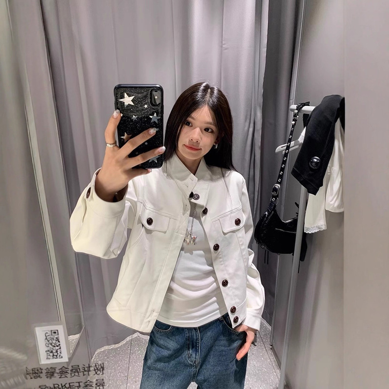美式复古立领白色皮衣女秋季爆款小众设计感宽松休闲韩版上衣外套|undefined