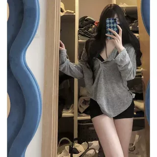 W762，W763，纯欲风长袖t恤女2024新款外穿打底衫甜辣妹慵懒风韩