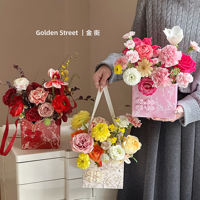 Bolso de mano con diseño de ramo de Año Nuevo, bolso de mano floral de estilo chino, caja para arreglos florales, caja para empaquetar flores, floristería de alta gama