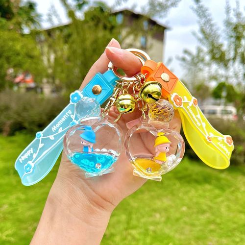 Acrylic Heart Shaped Perfume Bottle Hat Girl Floats Into Oil Liquid Quicksand Bottle Keychain Pendant Jewelry Wholesale