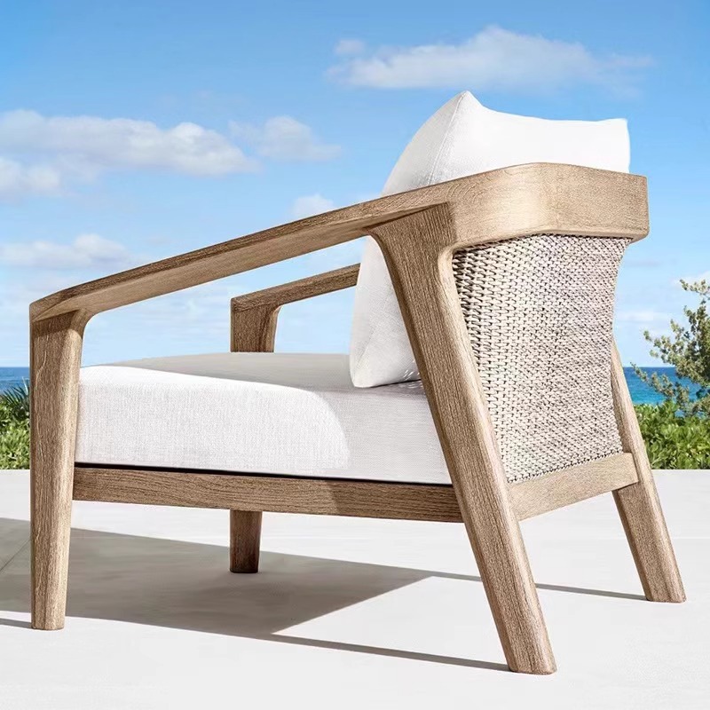 Sofá nórdico de teca al aire libre, sofá de patio al aire libre, impermeable y protector solar, sofá de ratán al aire libre, sofá de madera maciza
