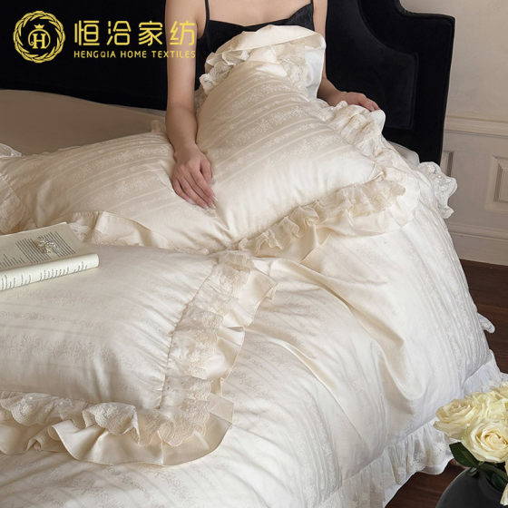 High-end French Style Cotton Long-staple Cotton Four-piece Set Girl's Lace Flower Jacquard Cotton Quilt Cover Bedding White Blue