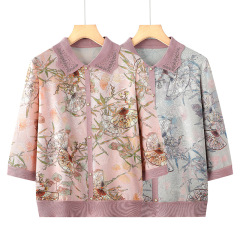 お母さんの春の服の新しい中国式の薄いタイプのニットの小さいシャツの中高年の春秋の国の風の氷の糸の長袖のtシャツの上着