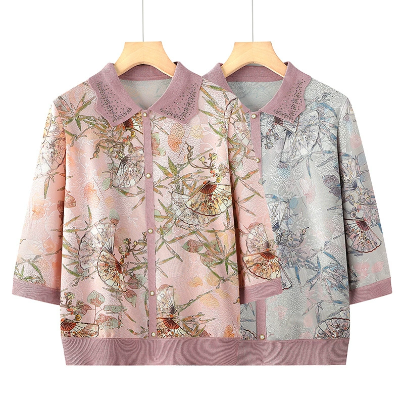 Мама весенняя новая китайская тонкая вязаная маленькая рубашка среднего и пожилого возраста весна и осень национальный ветер ледяной шелк футболка с длинными рукавами