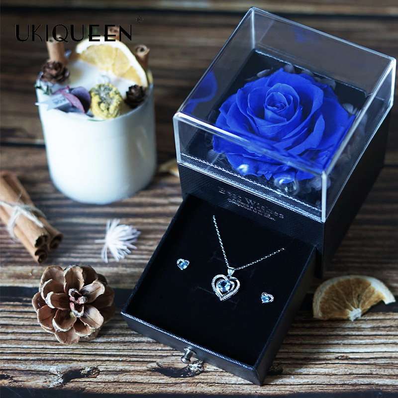 Naxi reina eterna flor Acrílico caja de joyería flores rosa al por mayor caja decorativa regalo del Día de San Valentín