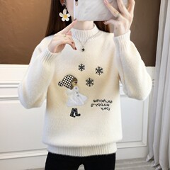 秋冬の新型の刺繍のセーターの女性はゆったりとしていて、甘い内にニットの厚いミンクの頭の半分の高襟の底のシャツを掛けます。