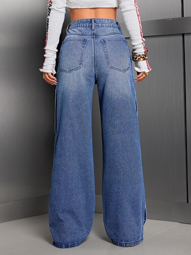 2025 New Arrival: European and American Cross-Border Women's Clothing—High-Waisted, Loose-Fit, Buttoned, Design-Details Straight-Leg Jeans
