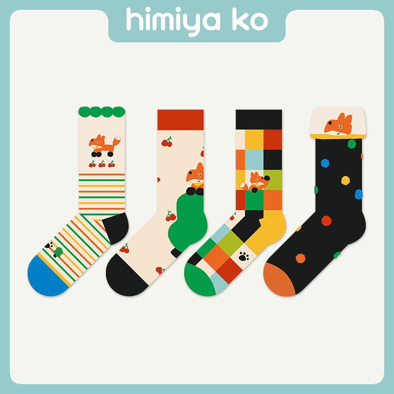 Spring and Summer New Original Personalized Fox and Cherry Mid-Calf Socks Cute Cartoon Striped Illustration Socks for Men