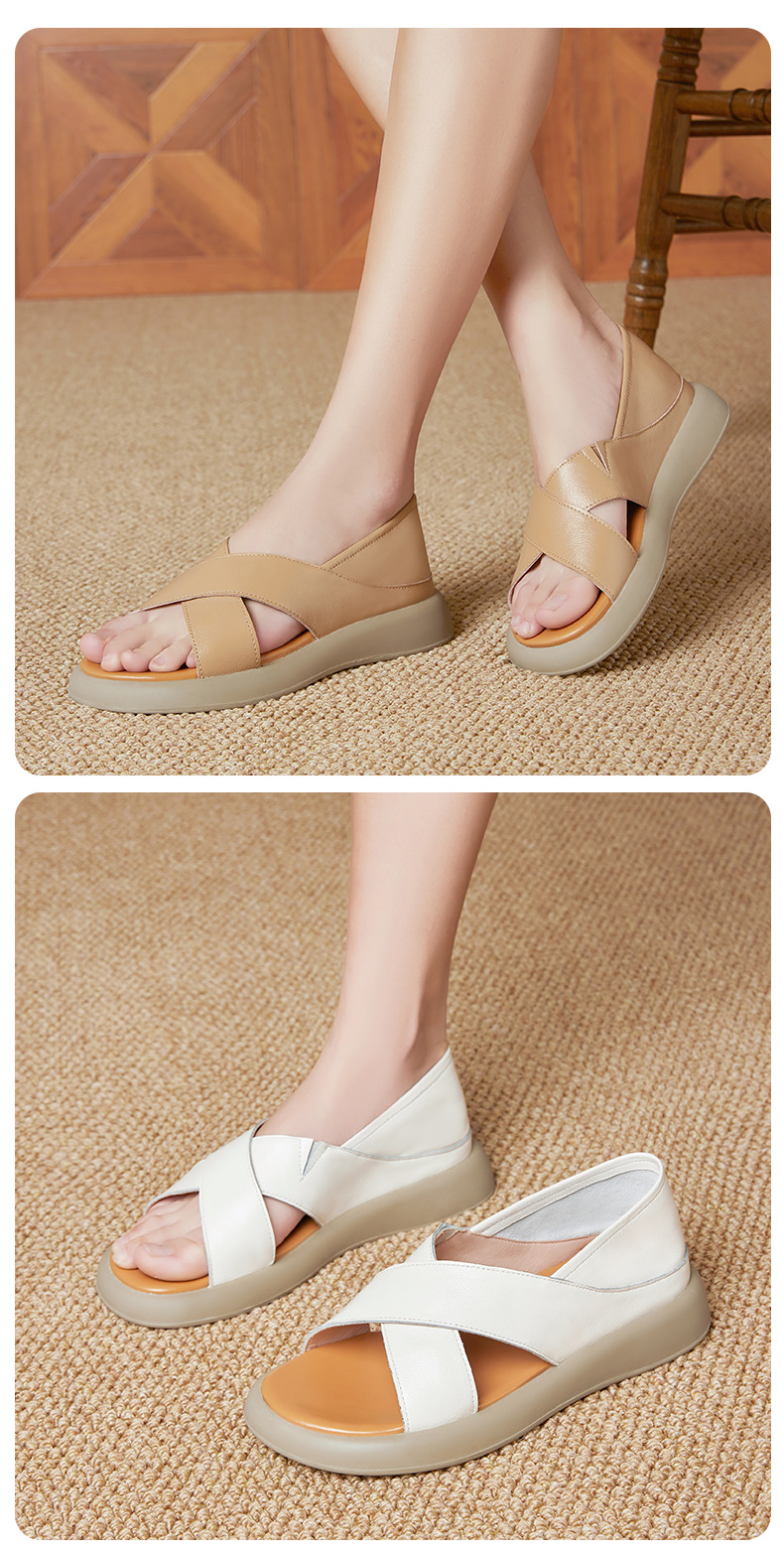 Sandal nữ đế dày đế bằng da thật mềm chống trượt mùa hè — nâu chi tiết 15