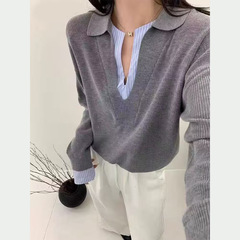 polo领条纹拼接假两件毛衣女秋冬新款韩系老钱风高级感打底针织衫