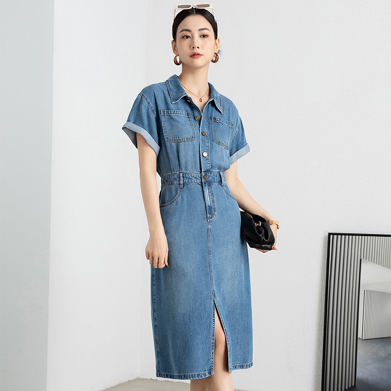 Korean-style polo Collar Single-breasted Short-sleeved Denim Dress Women's Vinegar Tencel Summer Mid-length Dress